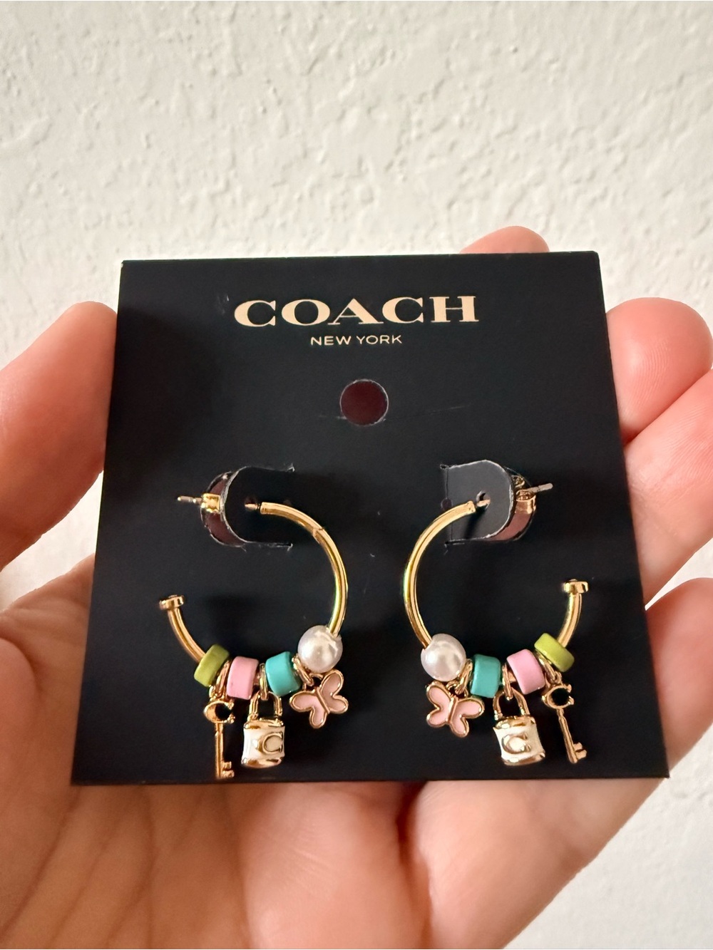Coach Gold Hoop Earrings with Pink, Blue, Green Beads and Pearl Charm NEW!! - Picture 4 of 6